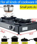Propane Stove 2 Burner Gas Cooktop With Auto Ignition 26000 BTU Tempered Glass Outdoor Cooker dimensions displayed