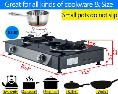 Propane Stove 2 Burner Gas Cooktop With Auto Ignition 26000 BTU Tempered Glass Outdoor Cooker dimensions displayed