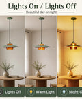 Amber Glass Pendant Light Modern: 19-inch Metal Chandeliers For Dining Room shown with lights on and off above a dining table.