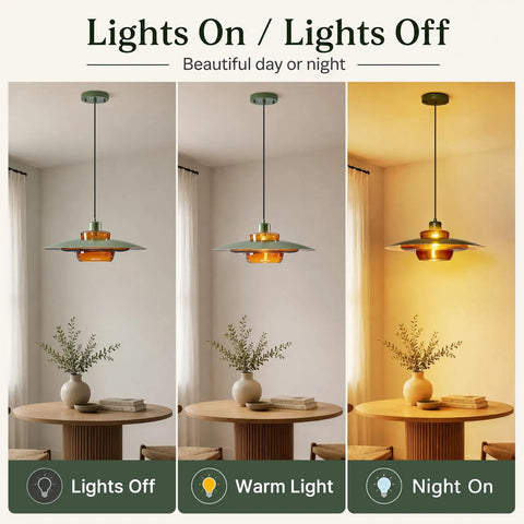 Amber Glass Pendant Light Modern: 19-inch Metal Chandeliers For Dining Room shown with lights on and off above a dining table.