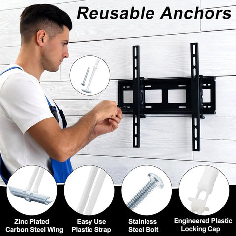 Ten Pack Heavy Duty Drywall Anchor Bolts With 1/4-20 Thread For Solid Mounts, Rust Resistant Hollow Wall Anchors, Quick Install And High Load Handling Up To 270 Lbs In Drywall And Plaster Surfaces, man installing TV mount