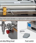 Boss Level Pneumatic Paste Filling Machine Effortlessly Switching Between Button Manual And Steady Auto Cycle, showing anti-drip filling head and foot switch.