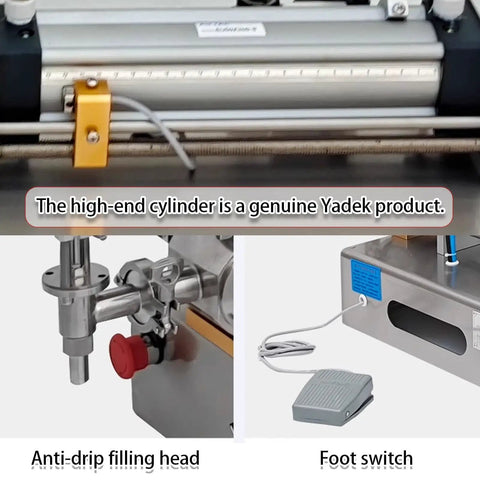 Boss Level Pneumatic Paste Filling Machine Effortlessly Switching Between Button Manual And Steady Auto Cycle, showing anti-drip filling head and foot switch.