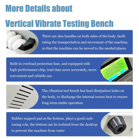 Vertical Vibration Test Bench 1-200Hz With 30kg Load and 110V Power, Variable Frequency Vibration Testing Machine for Beefed Up Durability and Shock Testing, Intelligent Control Design and High Precision Data Readout, side handle and vent details