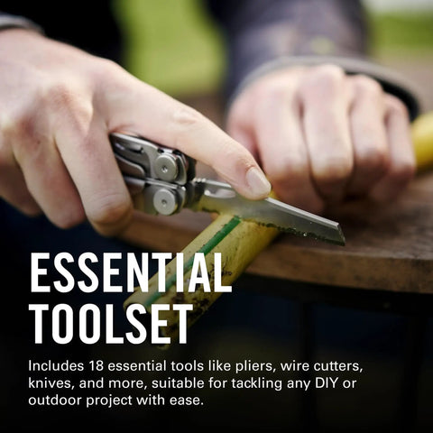 Person using Wave Plus Do-It-All 18-In-1 Full-Size Multi Tool For DIY Home Garden Outdoors And Everyday Carry EDC Stainless Steel for cutting