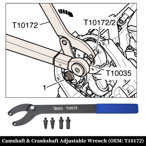 DIY Ready Pro Grade Camshaft Locking And Timing Tool Kit with wrench T10172 for VW Audi engines diagram