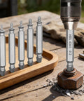 6 Piece Broken Screw Extractor Set With Double Ended Drill Bits used for rusty screw removal on wooden surface