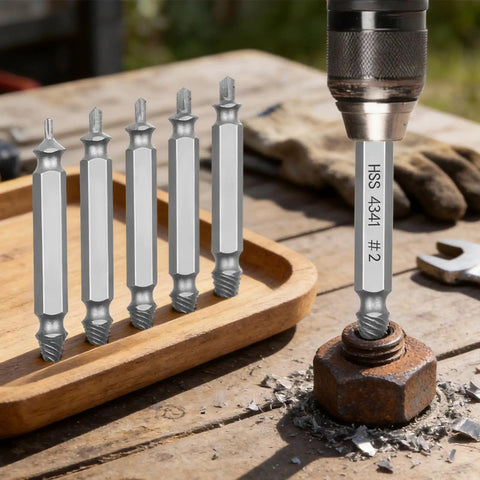 6 Piece Broken Screw Extractor Set With Double Ended Drill Bits used for rusty screw removal on wooden surface