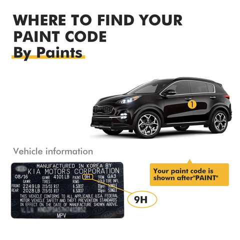 Diagram showing where to find paint code on Kia vehicle for Snow White Pearl Touch Up Paint For Kia - Quick Easy Scratch Fix Kit.