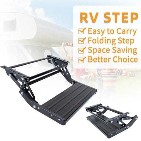One Step Manual Foldable Step For Campers And Trailers, 1 Step Aluminum Alloy Retractable Stair With Thickened Steel Plate, Non Slip Surface, 440 Lbs Load Capacity, Black, Beefy Built For Campers And Travel Trailers folded RV step