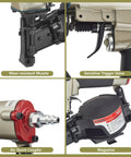 Close-up of Professional Roofing Nail Gun With 15 Degree Mag showing wear-resistant muzzle, trigger valve, air coupler, and magazine.
