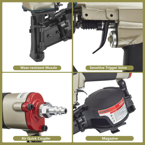 Close-up of Professional Roofing Nail Gun With 15 Degree Mag showing wear-resistant muzzle, trigger valve, air coupler, and magazine.