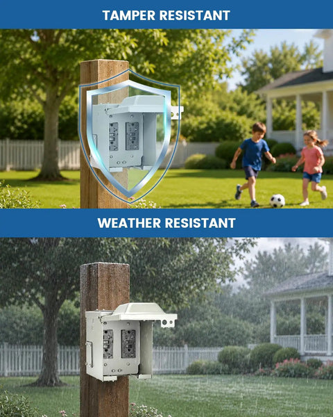Heavy Duty Rugged Outdoor Outlet Box Knockout Free Setup, Dual GFCI Electrical Enclosure Powers outdoor gear in rain.