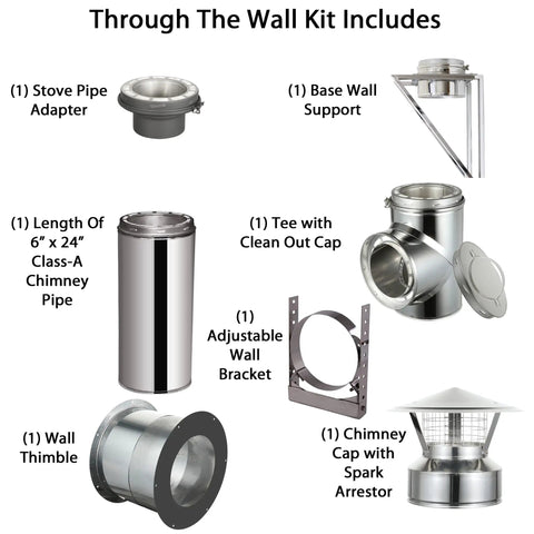 Heavy Duty Through The Wall Kit With Spark Guard Chimney Cap For 8 Inch 304 Stainless Steel Class A Double Wall All Fuel Insulated Pipe components include pipe adapter, wall bracket, and chimney cap.