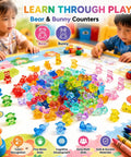 Totally Awesome Math Counting Bears And Bunnies Educational Counter Toy Set Features Two Hundred Forty Durable Plastic Animal Figures on a colorful play mat.