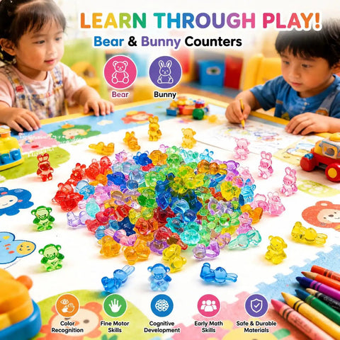 Totally Awesome Math Counting Bears And Bunnies Educational Counter Toy Set Features Two Hundred Forty Durable Plastic Animal Figures on a colorful play mat.