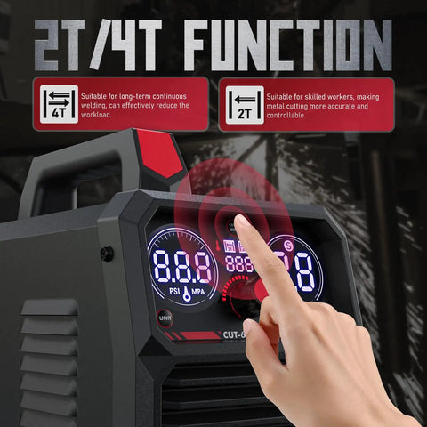 60 Amp Plasma Cutter With Blowback Start And Non Touch Pilot Arc Digital Display showing 2T/4T functions on front panel
