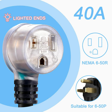 Heavy Duty 250V Welder Extension Cord 40 Ft with NEMA 6-50 STW 8AWG 3C Lighted End ETL Listed showing plug detail