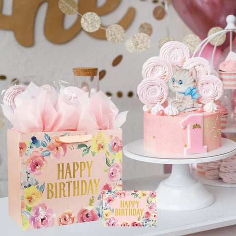 13-Inch Large Happy Birthday Gift Bag With Card And Tissue Papers Floral Design Handles Pink Perfect For Women Girls Birthday