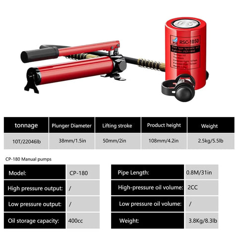 Heavy Duty Hydraulic Jack Kit With Manual Pump And Auto Retraction 10 Ton Lift Capacity 2 Inch Stroke Garage Ready For Workshop And Home Use Durable Lifting Cylinder For Cars Trucks And SUVs shown with specifications.