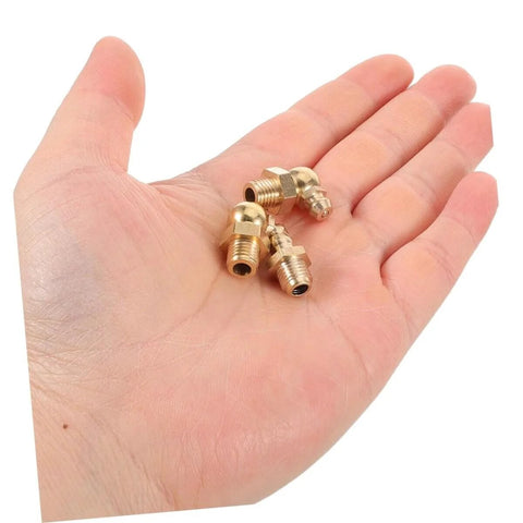 9 Piece Copper Threaded Grease Fittings Kit With Straight And Angled Nipples For Cars And Excavators, shown in hand