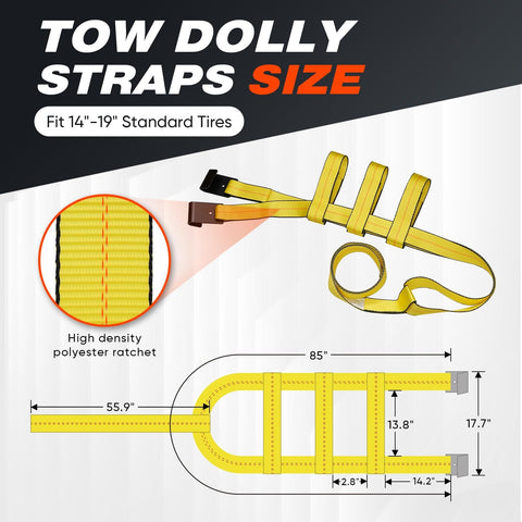 Diagram of Basket Style Dolly Straps, 2 Pack for 14 to 19 Inch Wheels, with measurements and polyester material detail.