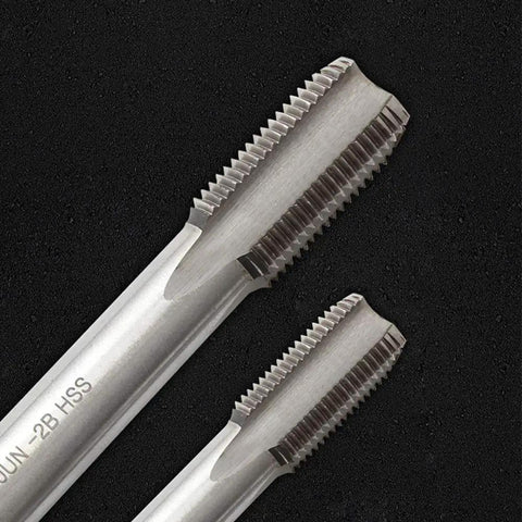 Close-up of 9/16-20 HSS Tap Set For Bicycle Crank Repair With Left And Right Threaded Taps, against a dark background