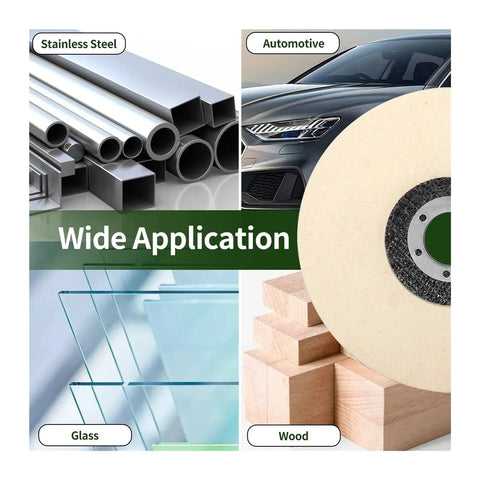Pro-Grade Wool Buffing Wheel for Angle Grinder Polishing showing wide application on metal, automotive, glass, and wood surfaces.