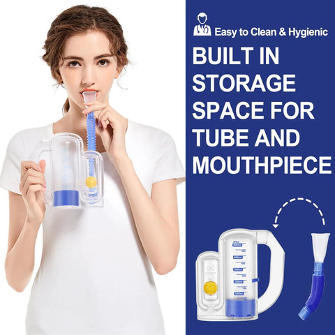Person using High Capacity 5000ml Lung Breathing Exercise Device With Flow Rate Indicator, Deep Breathing Trainer, transparent design