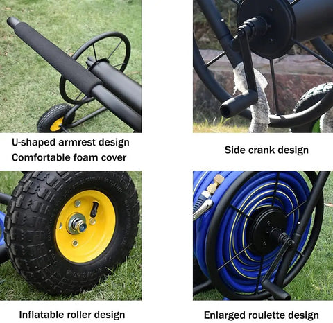 Backyard Beast Heavy Duty Garden Hose Reel Cart With Quick Wind Up Crank Pull ergonomic foam handle and durable inflatable roller design.