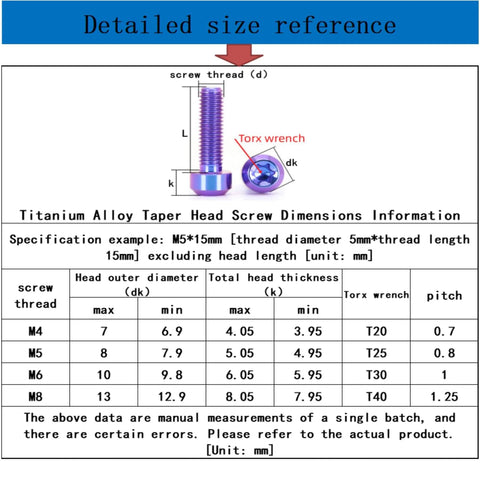 Detailed size reference for Aviation Grade Titanium Cone Head Screws Torx Anti Theft 4 Pack M4 M5 M6 M8 Burnt Blue.