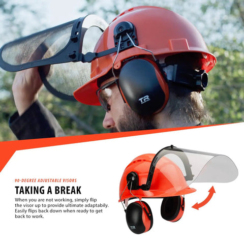 Forestry Safety Helmet With Adjustable Earmuffs And Visor, Orange Hard Hat in use showing 90-degree visor adjustment.