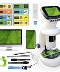 Portable Kids Microscope Kit With Twelve Slides And Two Point Four Inch Digital Screen 200X To 1000X Magnification Handheld Microscope For STEM Learning Kid Friendly Hands On Science Toy Gift For Ages Three To Twelve, white plastic