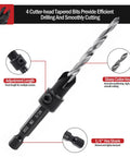 Adjustable Three Piece Countersink Drill Bit Set With Precision Depth Stop Collars And Secure Hex Shank For Flawless Pilot Holes In Wood Or Metal Heavy Duty Steel Designed To Knock Out Tough Jobs Without Skipping A Beat Shop Ready Kit, featuring 1/4" hex shank and sharp cutter head.