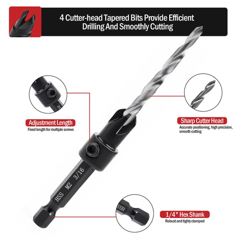Adjustable Three Piece Countersink Drill Bit Set With Precision Depth Stop Collars And Secure Hex Shank For Flawless Pilot Holes In Wood Or Metal Heavy Duty Steel Designed To Knock Out Tough Jobs Without Skipping A Beat Shop Ready Kit, featuring 1/4" hex shank and sharp cutter head.