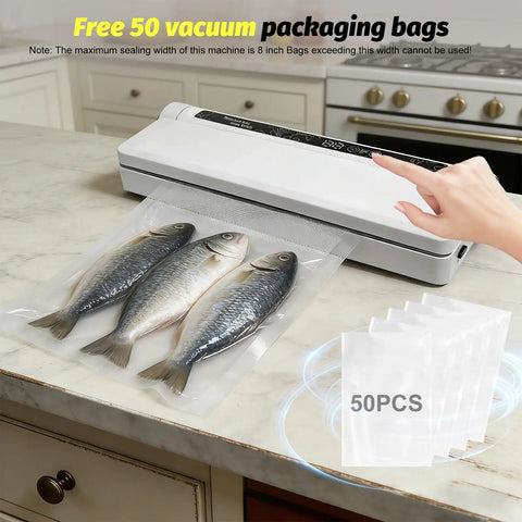 Compact Food Vacuum Sealer With 75kPa Suction And Digital Countdown Timer sealing fish with 50 vacuum bags in kitchen setting
