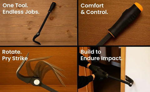 Heavy Duty Indexing Crowbar And Nail Puller Tool showing multi-angle use, grip, and leverage for demolition and renovation tasks
