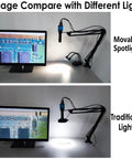 USB Desk Dual Gooseneck LED Microscope Light, A Slick Mini Spot Illuminator For Stereo Microscopes And Cameras, C Mount Lens Ready, Perfect For Repairs Soldering PCB Lab Industrial Video Work, showing movable spotlight and traditional light
