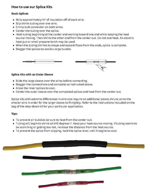 Direct Burial Wire Splice Kit For 18 To 14 AWG With Four Wire Connectors And Four Clear 3M Dual Wall Heat Shrinks Plus 8 Inch Black Outer Sleeve illustrating installation instructions and components detail.
