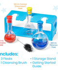 Starter Science Measuring Flasks Set For Kids with 50, 100, 200 mL flasks, cleansing brush, and blue storage stand
