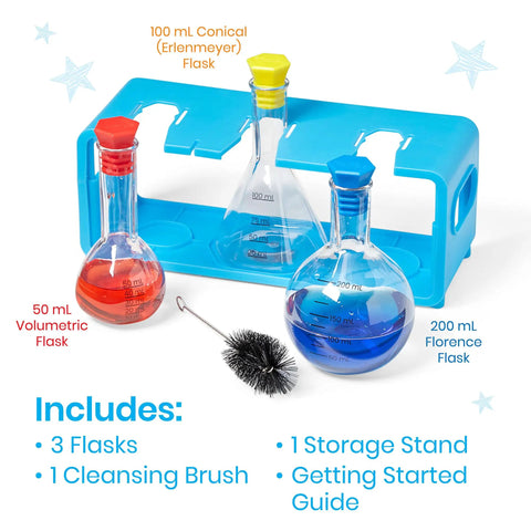 Starter Science Measuring Flasks Set For Kids with 50, 100, 200 mL flasks, cleansing brush, and blue storage stand