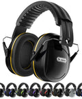 Ultra Comfy Noise Cancelling Ear Muffs For Adults And Kids 31dB Hearing Protection, black and yellow design, memory foam padding.