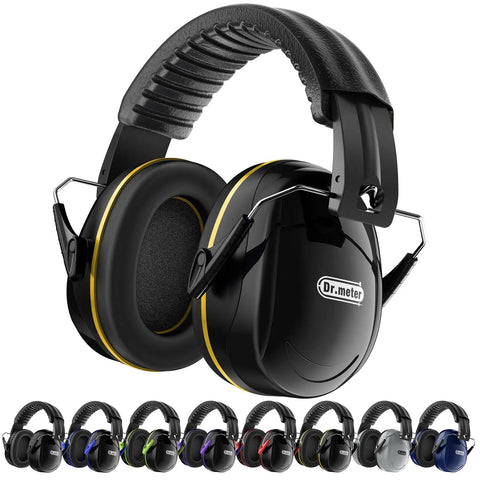 Ultra Comfy Noise Cancelling Ear Muffs For Adults And Kids 31dB Hearing Protection, black and yellow design, memory foam padding.