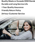 Woman smiling and showing thumbs up from driver's seat with quality assurance text overlay on automotive product benefits.