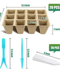 Biodegradable Peat Pots Seed Starter Tray Kit With 240 Cells And 20 Plant Labels, shown with blue tools and label sizes.