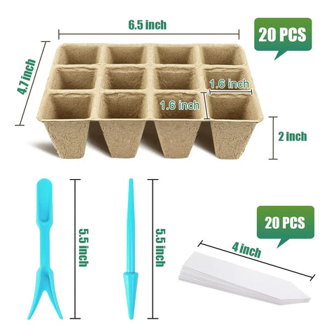 Biodegradable Peat Pots Seed Starter Tray Kit With 240 Cells And 20 Plant Labels, shown with blue tools and label sizes.