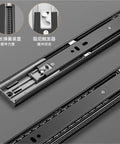 Close-up of Wide Buffer 14 Inch Three Section Drawer Slides With Hydraulic Damping Full Extension Beefy Steel Ball Bearing Rails.