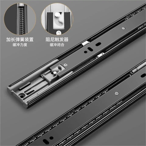 Close-up of Wide Buffer 14 Inch Three Section Drawer Slides With Hydraulic Damping Full Extension Beefy Steel Ball Bearing Rails.