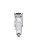 Front view of Heavy Duty Built To Last 3/8 Inch NPT Compressed Air Filter Regulator Piggyback Combo with metal bowl and bracket.