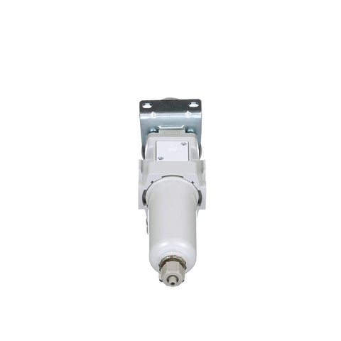 Front view of Heavy Duty Built To Last 3/8 Inch NPT Compressed Air Filter Regulator Piggyback Combo with metal bowl and bracket.